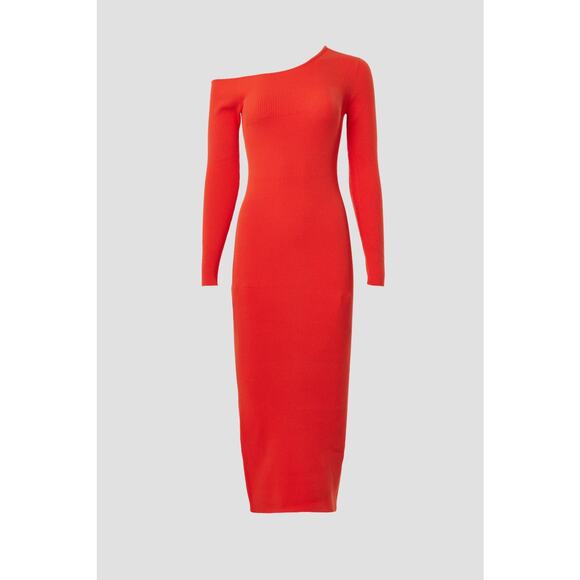 LAPOINTE One Shoulder Rib Knit Orange Midi Designer Dress XS Wedding Vacation - Picture 2 of 10
